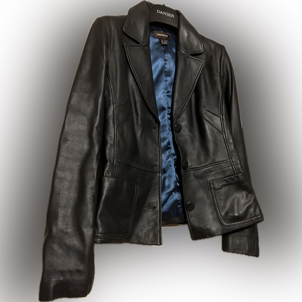 Danier Black Leather Jacket with Blue Lining - Picture 3 of 6